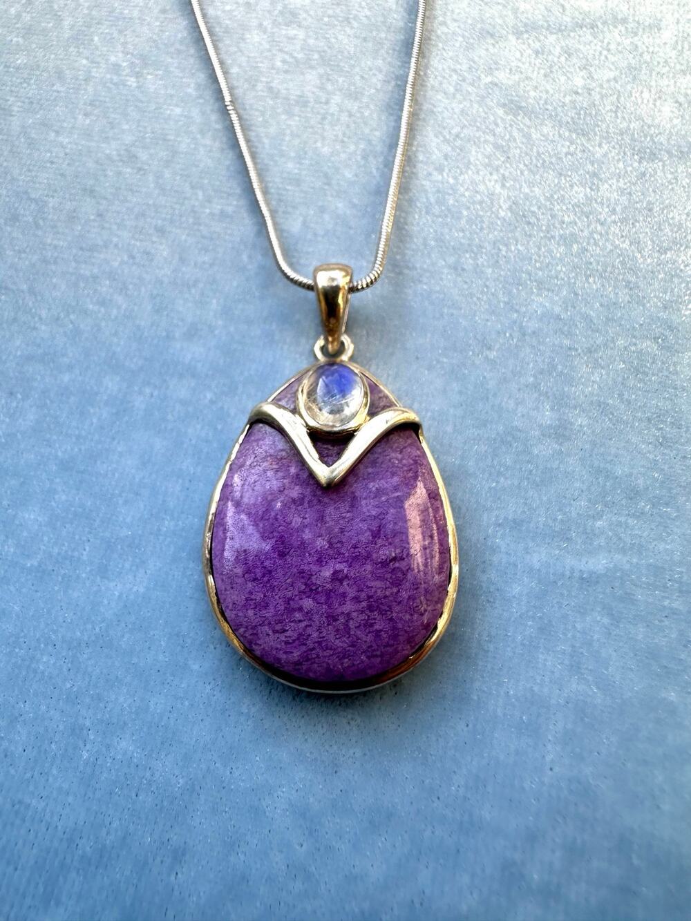 925 Sterling Silver Sugilite Moonstone Teardrop Pendant Necklace Purple Stone